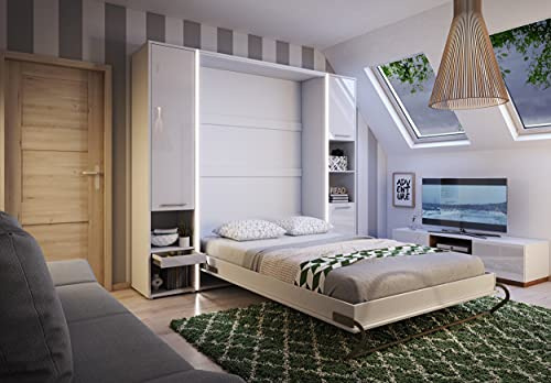Arthauss Vertical Wall Hidden Pull Out Small Double Bed 120cm White Gloss & LED CP02, Perfect for Small Rooms, Fold Down Bed with Two Multifunctional Cabinets