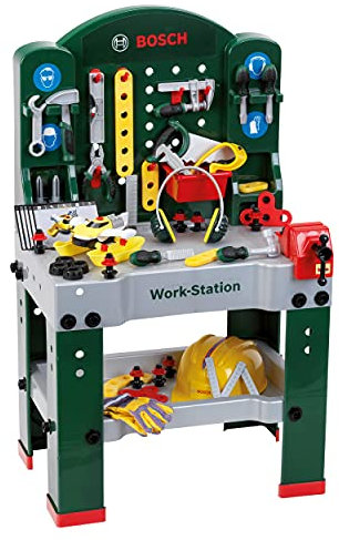 Theo Klein 8513 Bosch Workstation Werkbank mit Werkzeug, Montagefahrzeug und zahlreichem Zubehör Arbeitsplatte mit Lernfunktion Maße: 61 cm x 44,5 cm x 101 cm Spielzeug für Kinder ab 3 Jahren