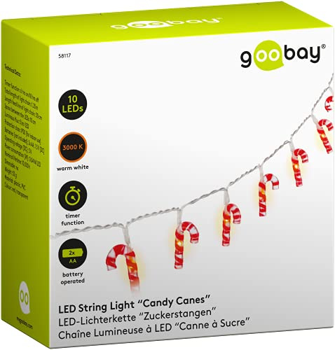 goobay 58117 - Decorazione a LED a forma di 10 bastoncini di zucchero, illuminazione natalizia, luce bianca calda, funzione timer, colore: rosso e bianco