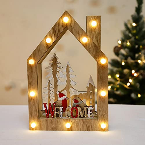 Uonlytech Holz Weihnachtshaus Dekoration Mit Licht Weihnachtsschmuck Tischornament Weihnachtsfest-dekor Weihnachtsszenenschmuck Leuchtendes Weihnachtsornament