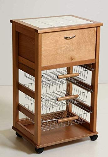 Totò Piccinni Carrellino in Legno da Cucina con Rotelle Mattonelle e Cestelli in Acciaio (con Portapane, Rovere)