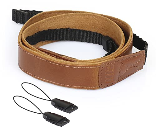 MegaGear SLR, DSLR Leather Shoulder Strap for Canon, Nikon, Samsung, Olympus, Sony, Fujifilm, Panasonic - Black (Light Brown) (MG2021)
