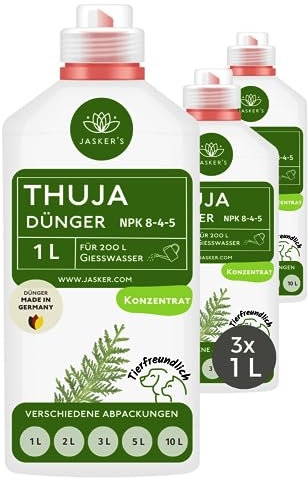 Thuja Dünger flüssig 3 Liter Konzentrat - 100% Schnelldünger - Flüssigdünger für 600 Liter Gießwasser - Organischer Koniferendünger - Kalium Dünger für Thuja Smaragd