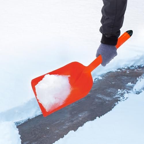 Horison Industries Pan Metal Snow Shovel Heavy Duty 53x32x25cm, Strong Lightweight Orange Polypropylene General Purpose Short Handle & Heavy Duty Snow Shovel for Driveway, Car Camping & Gardening