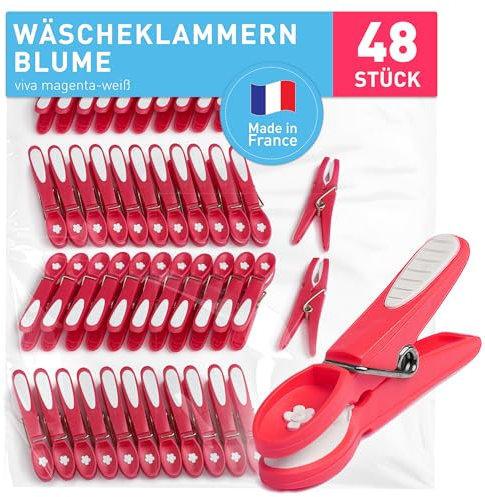 culiclean Wäscheklammern ohne Abdruck stabil in Blume Design 48x Wäscheklammer Viva Magenta weiß, robuste Kluppen Soft Grip Clip Clothes Pegs UV beständig Klammern zum Aufhängen von Wäsche, Socken