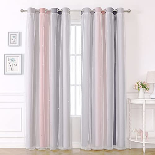 KAHEAUM Blackout Curtains for Living Room & Bedroom - 2 Panel, 52 x 84 inch Drop, Soundproof, Thermal, Pink & Grey