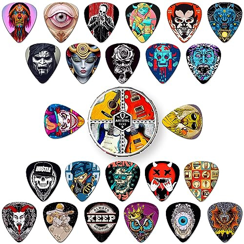 Guitar Picks 24 Stück Plektrum 0.46/0.71/0.96/1.20mm 4 Verschiedene Stärke Zelluloid Gitarren Plektrum,Plektrum Akustikgitarre,E-Guitar, Bass,Ukulele (Mix-2)