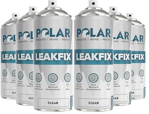 Polar Leak Fix Waterproof Sealant Spray, 6 x 400ml, Clear | Rubberised Waterproof Sealant Spray, Roof, Gutter and Pipe Repair, Crack Filler, Interior and Exterior, Weatherproof