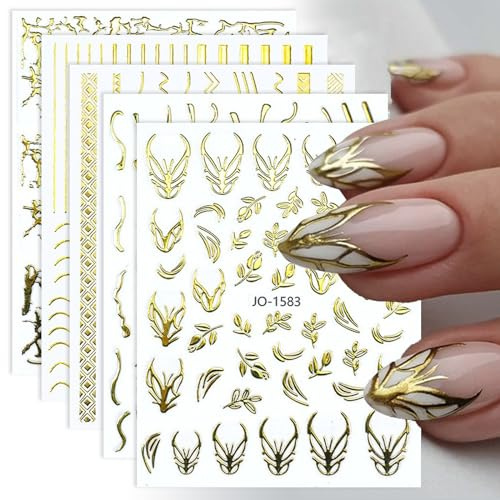 Gold Nail Art Stickers 3D Self-Adhesive Nail Decals Golden Line Flower Leaf Star Flame Nail Stickers for Metal Design Acrylic Nails Art Supplies for Women Manicure Decorations 9 Sheet