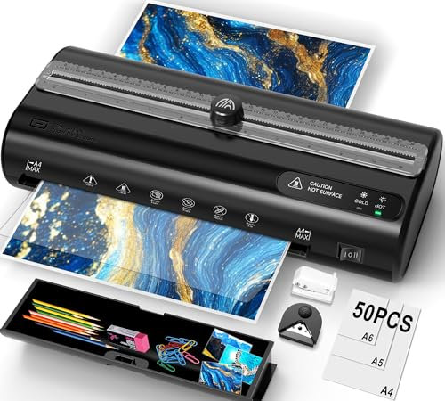 Laminiergerät Laminiergerät A4, Laminiergerät mit 50 Laminierfolien, Heiß - und Kaltlaminierung, Laminiermaschine mit Ablagefach, Trimmer und Locher für Büros, Schulen, Unternehmen und Haushalte