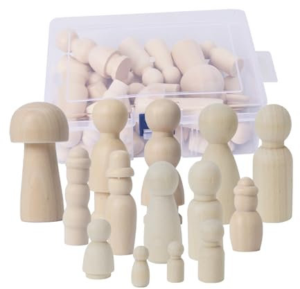HO2NLE Muñecas de Madera para Pintar - Figuras Familiares y Seta Decorativas - Peg Dolls (42 Piezas)