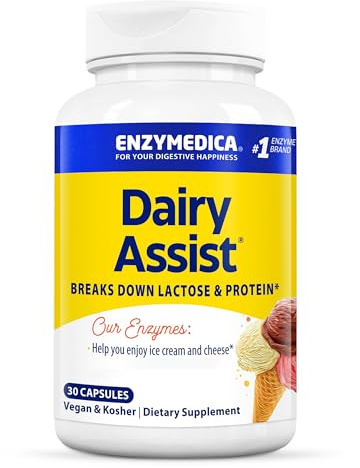Enzymedica DairyAssist, with Lactase and Protease, Digestive Enzymes for Dairy, 5000 ALU Lactase per Capsule, Helps Break Down Lactose, 30 Vegan Capsules, High Dose, Gluten Free, SOYA Free, Non-GMO