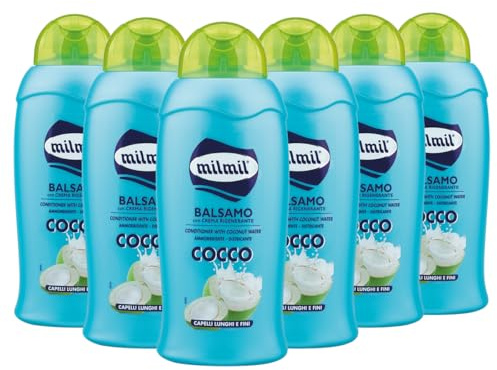 Milmil | Balsamo Capelli con Crema Rigenerante, Ammorbidente e Districante all'Olio di Cocco, Per Capelli Lunghi e Fini - 6 x 500 ml