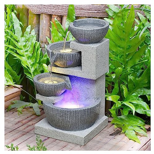 Fontaine à eau à plusieurs niveaux avec lumières LED – Fontaine de jardin décorative à 4 niveaux – Fontaine en polyrésine intérieur/extérieur – Comprend une pompe et des lumières LED
