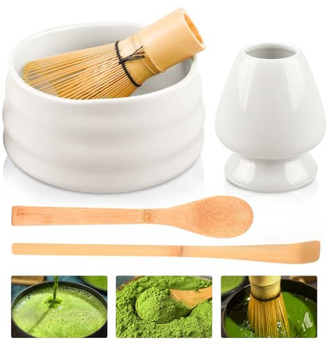 Matcha Kit, Kit Matcha Complet en 5 Pièces, Ensemble de Thé Matcha avec Fouet Matcha, Bol Matcha en Céramique, Cuillère Matcha, Accessoires pour Matcha, Emballage Cadeau