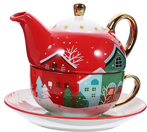 MAGICLULU Ensemble de Tasses Du Père Noël en Céramique Tasse à Eau Tasse à Café Tasse à Thé Soucoupe Théière Service à Thé Décoratif de Noël Rouge