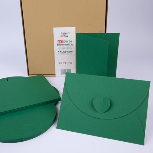 PresentFill® Blanko Klappkarten A6 (50 Stück) – Smaragdgrün – Faltkarten mit Umschlag & Herzverschluss – Grußkarten zum Gestalten, Beschriften & Bedrucken