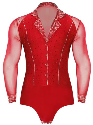YEAHDOR Body Uomo Danza Classica Paillettes Leotards da Ballo Latino Americano Camicia Button Down Bodysuit Patchwork a Rete Abito da Samba Rumba Performance Rosso L