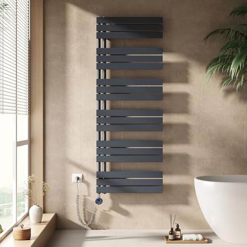 EMKE Handtuchheizkörper Elektrisch 1599x600 mm - Flach Badheizkörper Elektrisch, Elektrischer Handtuchwärmer Handtuchtrockner Handtuchheizung mit Thermostat und Heizstab - 1000W, Anthrazit