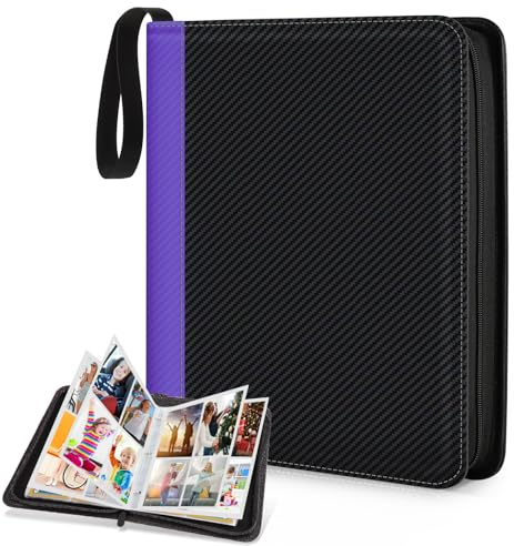 CLOKORIA Álbum para Cartas Coleccionables,Álbum para Cartas de 4 Bolsillos,55 Páginas Pueden Contener 440 Tarjetas,Carpeta de Tarjetas de PU Impermeable(Costuras moradas y Negras, 440 Bolsillos)