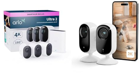 Arlo Ultra 2 4K avec SmartHub Plus Caméras intérieure (2), Caméra Video Surveillance WiFi Exterieure sans Fil, Vision Nocturne Couleur, Compatible Alexa, Essai Secure Inclus, 3 Caméras Blanches