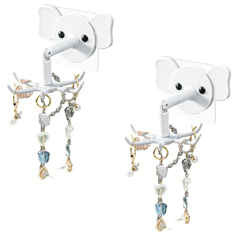 kumet 2-Pack 360° Rotating Jewelry Organizer, Self-Adhesive Necklace Hanger for Storing Necklaces, Bracelets, Watches, Rings, Ideal for Walls, Closets, Doors, and Bathrooms (White)