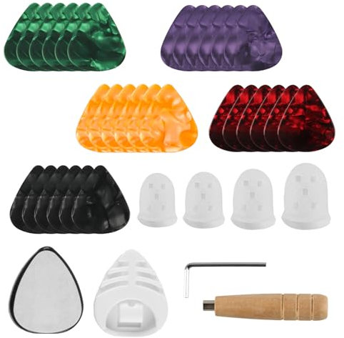 30 Gitarren Plektrum, Plektren Gitarre Plektrum Guitar Picks, Gitarrenplektren Plektrum für Akustik Bass E Gitarren Zubehör(0,46 mm 0,71 mm 0,96 mm) + 6 Plektrum Halter,8 Fingerschützer,1 Schlüssel