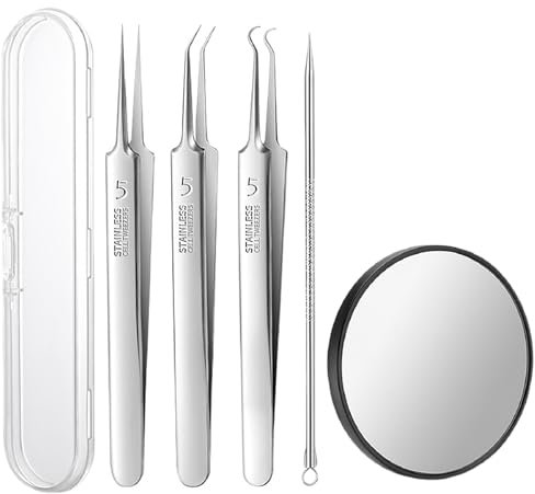 JDXun Extracteurs de points noirs, 3 pince à épiler et 1 extracteur de boutons d'acné, kit tire comedons en acier inoxydable avec miroir et boite