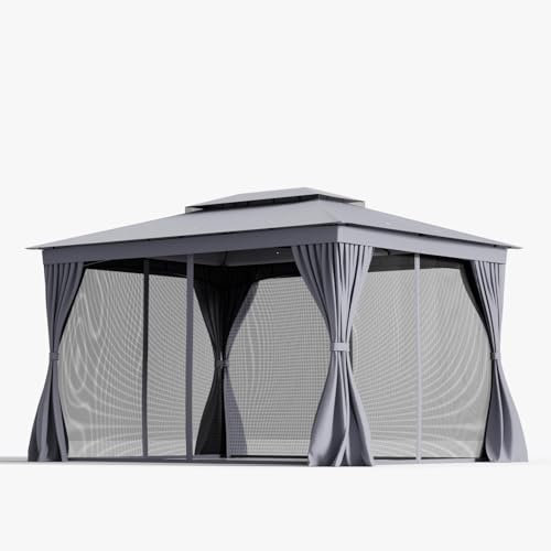 GYMAX Padiglione 3 x 4 m con Telaio in Metallo, 8 Picchetti, Padiglione Impermeabile con Tetto Doppio, Fori di Drenaggio, Gazebo per Barbecue con Pareti Laterali, Zanzariera, Giardino, Cortile