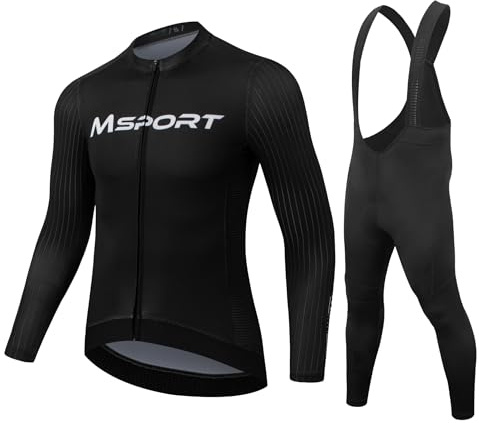 Msport Completo Ciclismo Invernale – Maglia Termica a Manica Lunga + Salopette con Fondello in Gel Antishock
