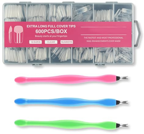 DLPRK 600 Capsules Carré Medium, Soft Gel Tips, Full Cover Nail Tips Set, Faux Ongles, Capsules Américaines en Gel, avec 3 Repousse-Cuticules, pour Extension & Nail Art DIY à Domicile (12 Tailles)