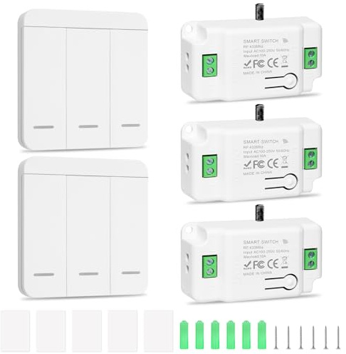 Funkschalter 230V Set 10A, Kabelloser Funk Lichtschalter mit Empfänger, Keine Verkabelung, 433MHz Wireless Schalter für Lampen in Wohnzimmer, Küche, Bad & Keller (2 Dreifachschalter und 3 Empfänger)