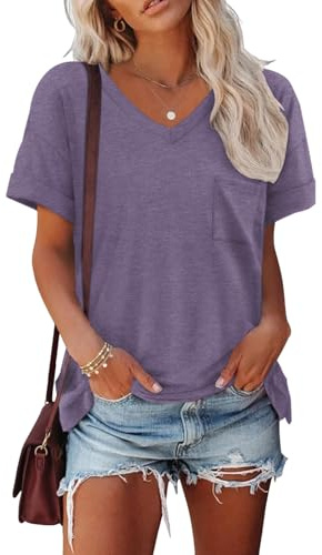 Cuptacc Tshirt Damen Sommer V Ausschnitt Basic Top Kurzarm Locker Elegante | Freizeit,Alltag, Fashion, Locker, Atmungsaktiv, Klassisch, Schlicht, Leicht und Luftig, Einfarbig, Mit Tasche, Elastisch