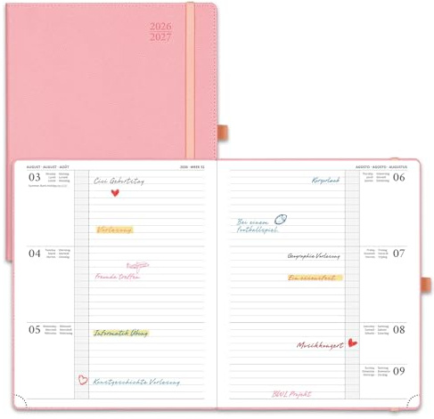 POPRUN Kalender 2026 2027 Horizontale Wochenplaner ca.A4(21,2 x 25,9cm) | 17-Monate-Terminplaner,(Aug.2026-Dez.2027),Terminkalender,Hardcover mit PU-Leder,Wochenplaner 1 Woche 2 Seite(Zartrosa)