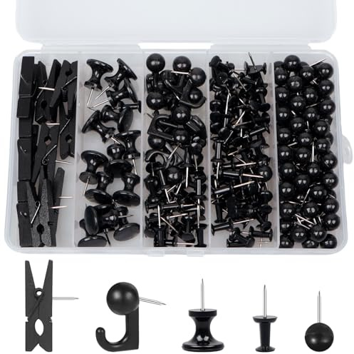 200 Stück Reißzwecken Schwarz - 5 Stile Stecknadeln Mit Kopf,Ideal Für Pinnwand Kork,Arbeit/Studium/Zuhause,Stecknadeln Set für Bilder,Dekoration & Wandmontage (Schwarz)