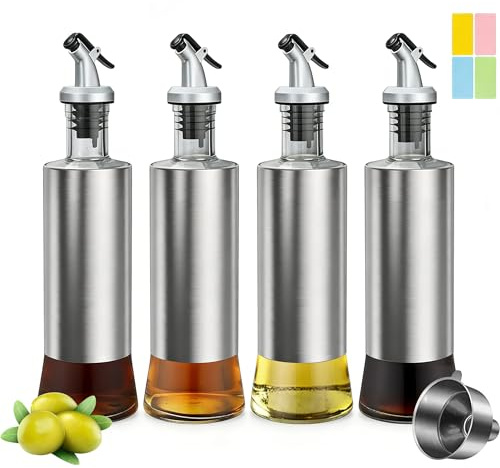 AstraLoom Olive Oil Dispenser Bottles – 4 Pack 300ml Glass & Stainless Steel Oil & Vinegar Dispenser Set with Funnel, Leakproof Pourers, Waterproof Labels for Kitchen, Soy Sauce & Cooking Oils
