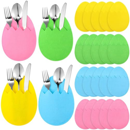 24 Stück Ostern Bestecktasche, Niedlich Ostereier Besteckbeutel, Exquisit Besteckhalter Filz Ostern, Osterdeko Bestecktaschen, für Oster Tischdeko (Farbe-F)