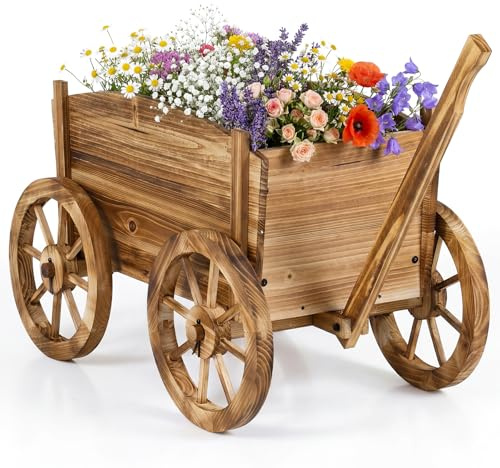 RELAX4LIFE Brouette à Fleurs en Bois, Jardinière Extérieur en Bois avec Roues, Sapin Carbonisé Résistant, Poignée Longue, Trou de Drainage, Porte Plante Décoratif pour Jardin Balcon Patio, 78x45x72 CM