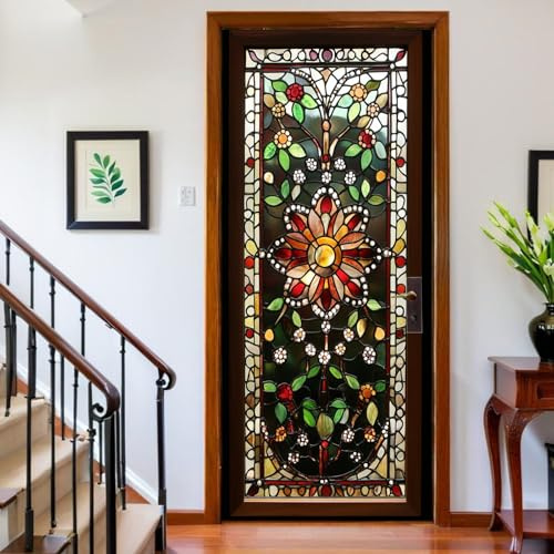 Türtapete selbstklebend Glasblumen 100 x 200 cm Rahmen in Holzoptik Türfolie Türaufkleber zum Verschönern der Tür