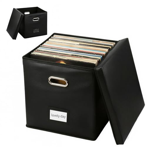 Vinyl Record Storage Box with Lid and Handle, Fireproof and Water Resistant Record Organiser 13 in Stackable & Collapsible Records Crate Holds Up to 50+ LP Records for Valuable Album Collection