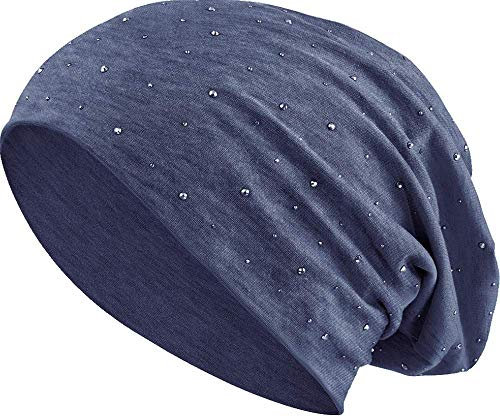 Jersey Baumwolle elastisches Long Slouch Beanie Unisex Herren Damen mit Strass Stern Steinen Mütze Heather in 35 (7) (Heather Grey-Blue)