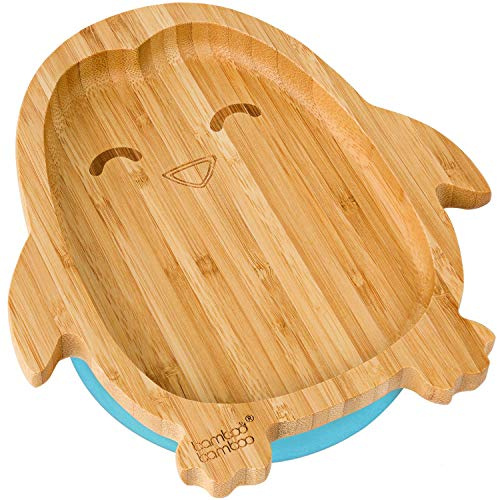 bamboo bamboo Baby Teller Kinderteller, Kindergeschirr mit Saugnapf, Bambus Babyteller mit sicherem Saugnapf, Sugnapf Teller Baby ab 6 Monaten (Pinguin, Blau)