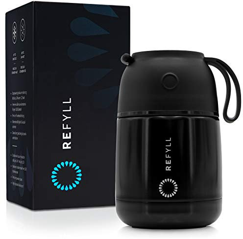 REFYLL Thermobehälter für Essen “foodFyll” 450ml I Premium Thermobecher Essen I Ideal als Essensbox, Isolierbehälter, Warmhaltebehälter Essen, Food Container & Müsli to Go Becher (Schwarz, 450 ml)