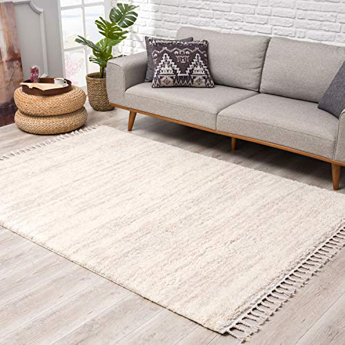 carpet city Teppich Hochflor Wohnzimmer - Ethno Stil Meliert 120x160 cm Creme - Teppiche mit Fransen