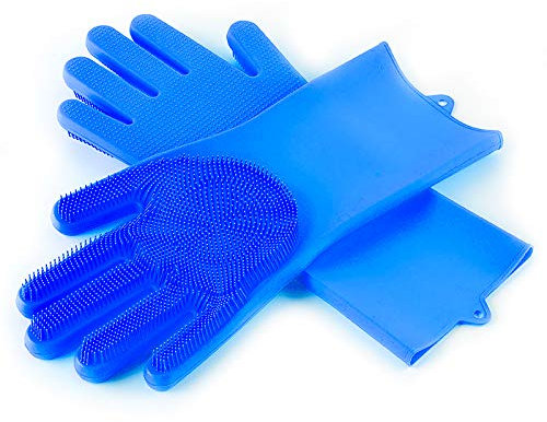 PRECIOUS LONDON Magic - Guantes reutilizables de silicona para lavar platos con cerdas lavadas, resistentes al calor y al agua, guantes para limpieza, hogar, cocina y cuidado de mascotas, 1 par (azul)