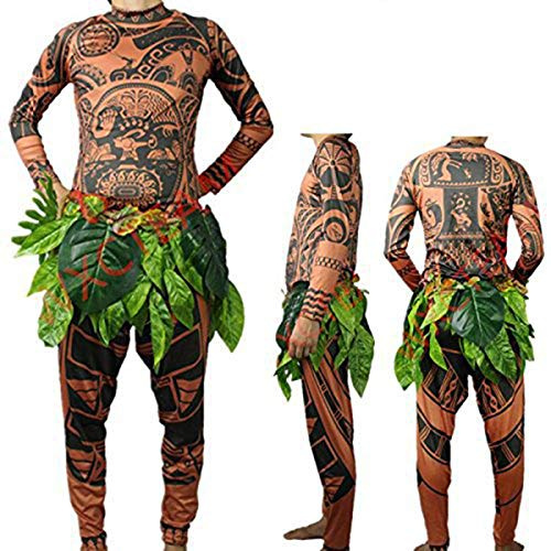 Springcmy Moana Maui Tattoo T-Shirt/Hosen mit Blättern Rock Halloween Erwachsene Cosplay Kostüm Familien-Matching-Outfits, Mehrfarbig, XL