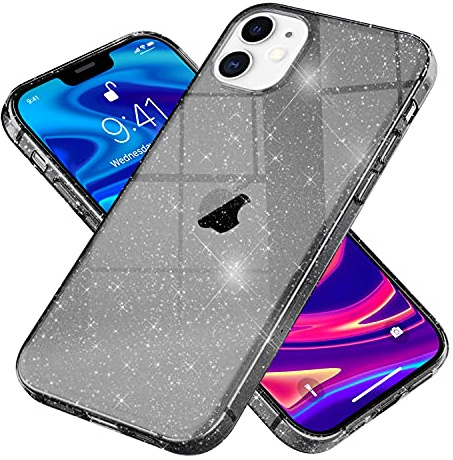 NALIA Glitzerhülle für iPhone 12/12 Pro - Funkelndes Silikon Case - DAZZLIN (Transparent & Stoßfest) - Marke aus Berlin, Farbe:Schwarz | Reflektierende Partikel im Material verschmolzen, Geschmeidige Oberfläche, Erhöhte Kanten an Kamera und Display