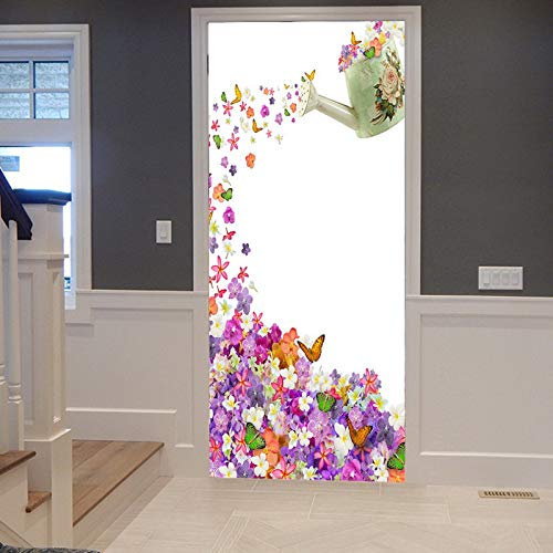 A.Monamour Türtapete Selbstklebend Türfolie Türposter 3D Alte Gießkanne Gießt Narzissen Violette Blumen Schmetterlinge Aus Vinyl Folie Türdeko Tapete Wandbild Türaufkleber Türtattoo 83 x 204 cm