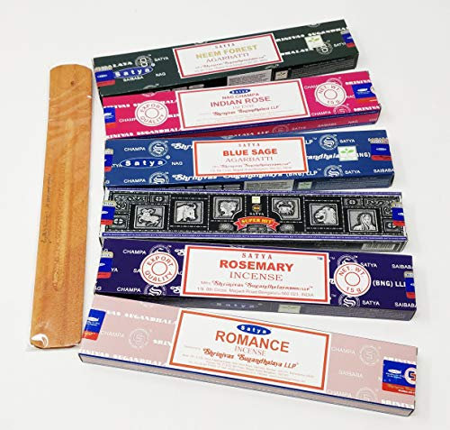 Satya Räucherstäbchen, gemischt, blauer Salbei, Neemwald, Romantik, Rosmarin, indische Rose, Superhit mit JR Räucherstäbchenhalter SN7