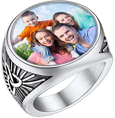 FaithHeart Personalisierter Bandring mit Foto Text Gravur Punk Siegelring mit Keltischer Knot Symbol Edelstahl Fingerring mit Geschenkebox für Verlorbte und Familie